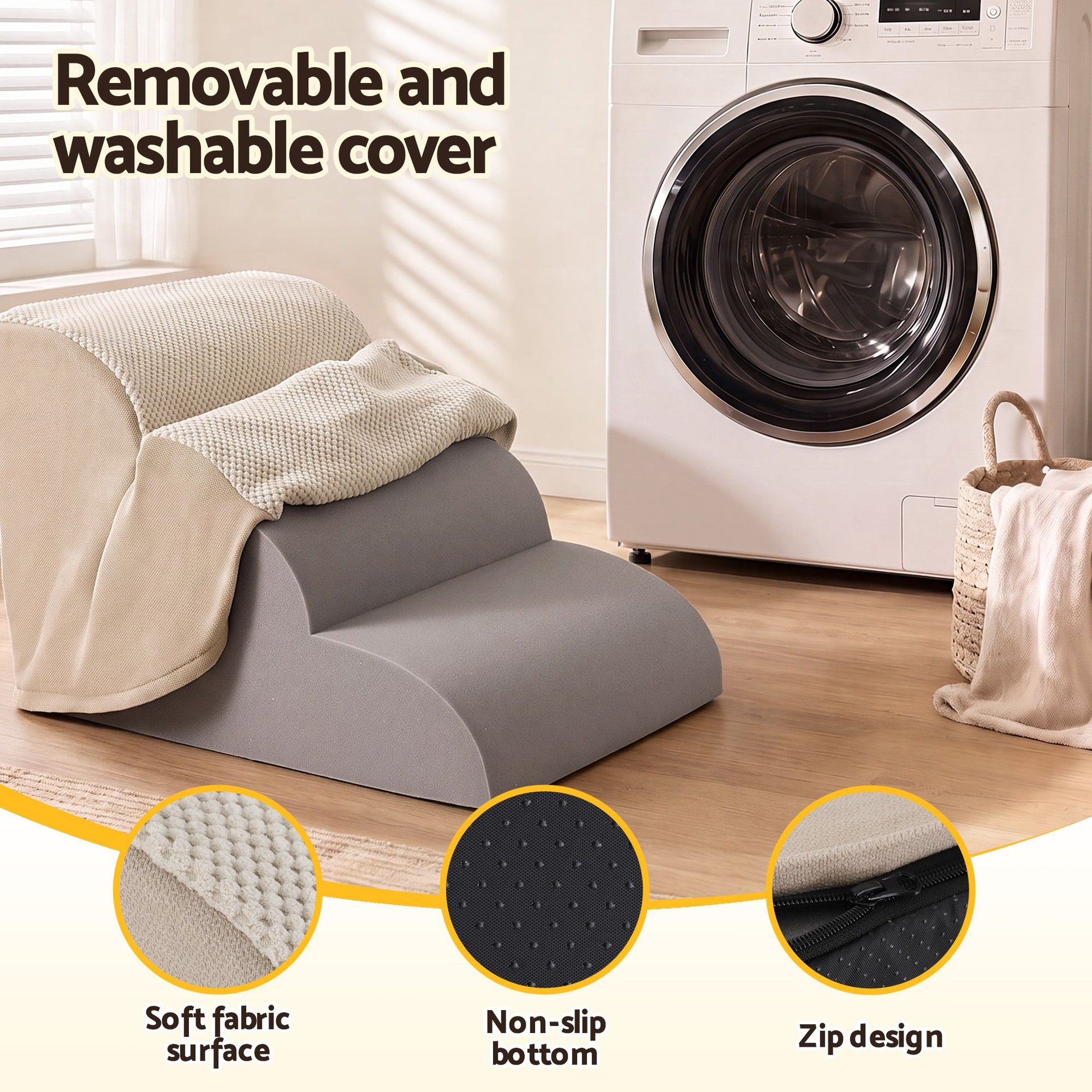 i.Pet Dog Ramp Washable Cover Stairs for Bed Sofa Foam Step Ladder 3 Tier Beige Awezingly