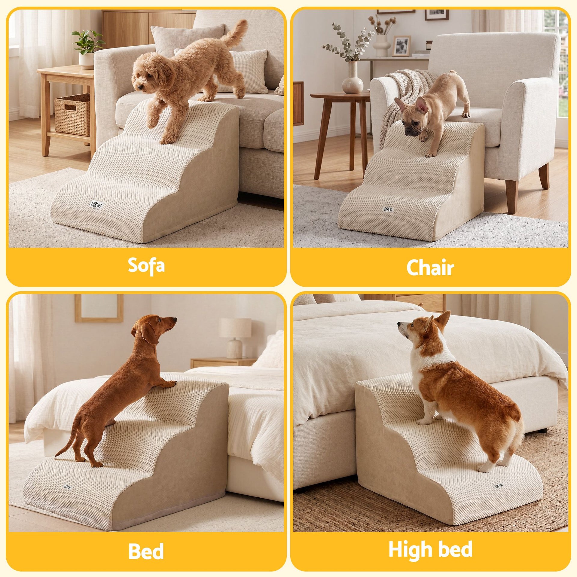 i.Pet Dog Ramp Washable Cover Stairs for Bed Sofa Foam Step Ladder 3 Tier Beige Awezingly