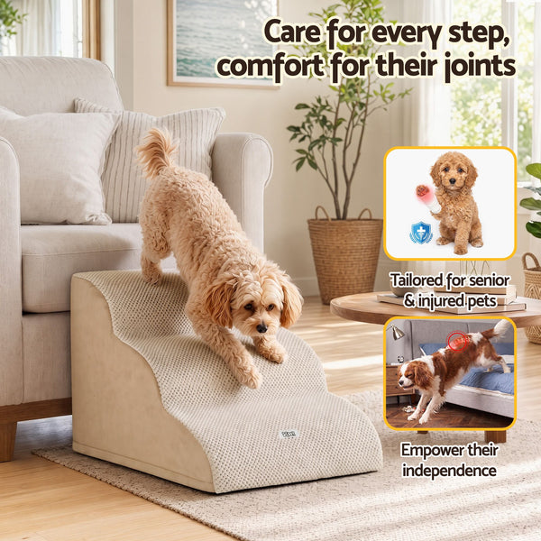 i.Pet Dog Ramp Washable Cover Stairs for Bed Sofa Foam Step Ladder 3 Tier Beige Awezingly