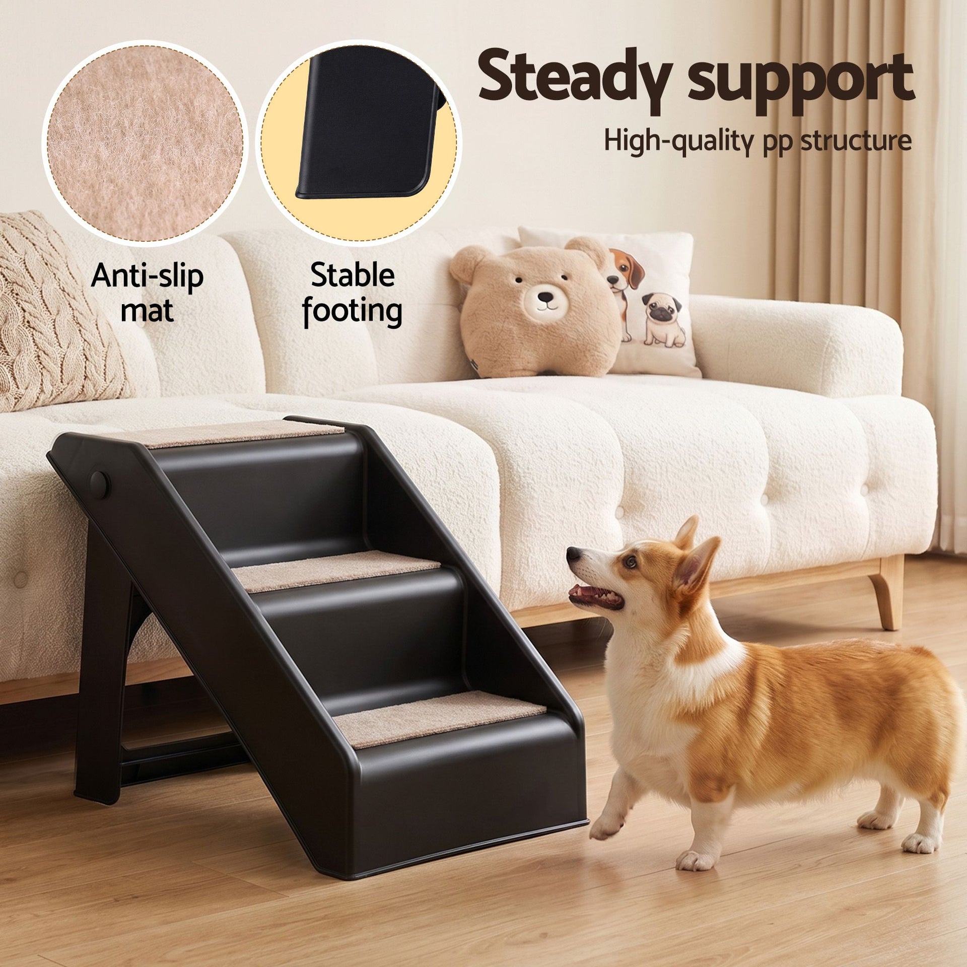 i.Pet Dog Ramp 3 Steps Pet Stairs For Bed Sofa Car Foldable Portable Ladder Black Awezingly