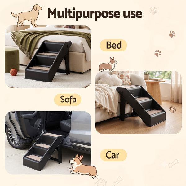 i.Pet Dog Ramp 3 Steps Pet Stairs For Bed Sofa Car Foldable Portable Ladder Black Awezingly