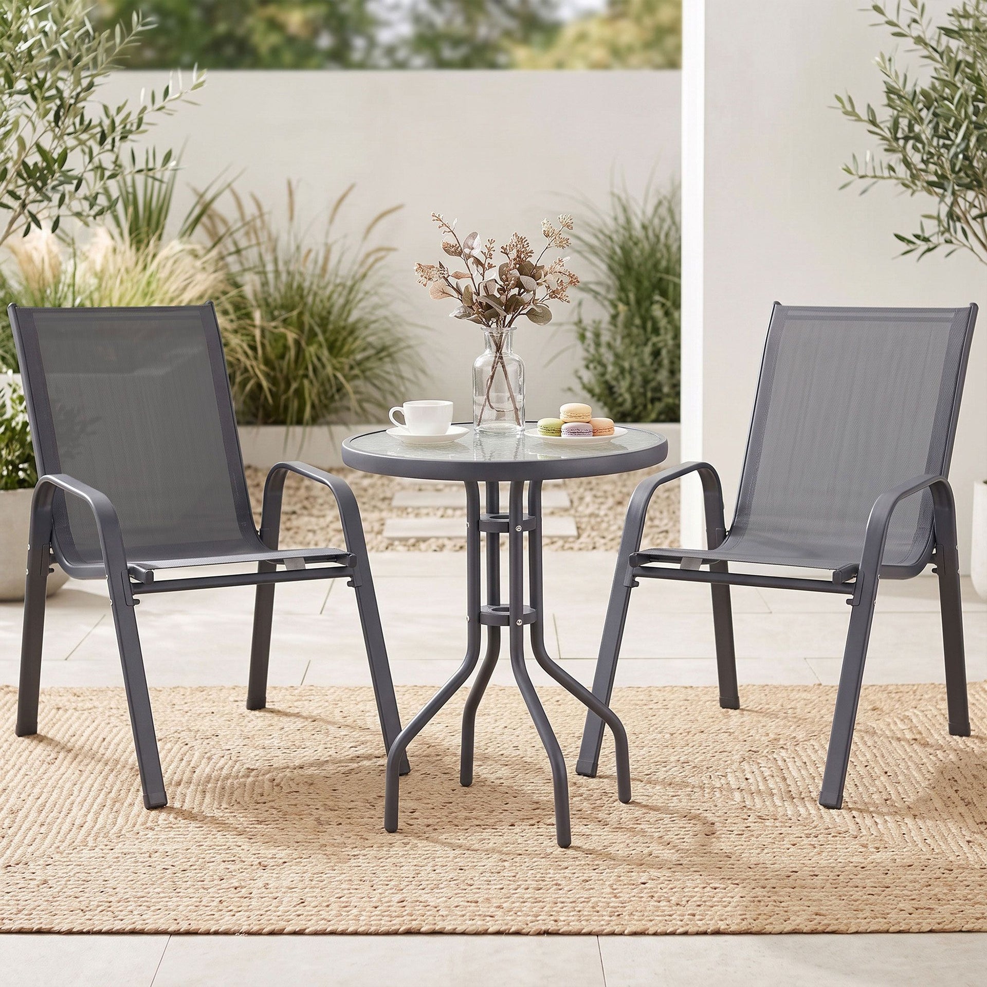 Gardeon 3PC Outdoor Bistro Set Table and Chairs Stackable Patio Furniture Grey Awezingly
