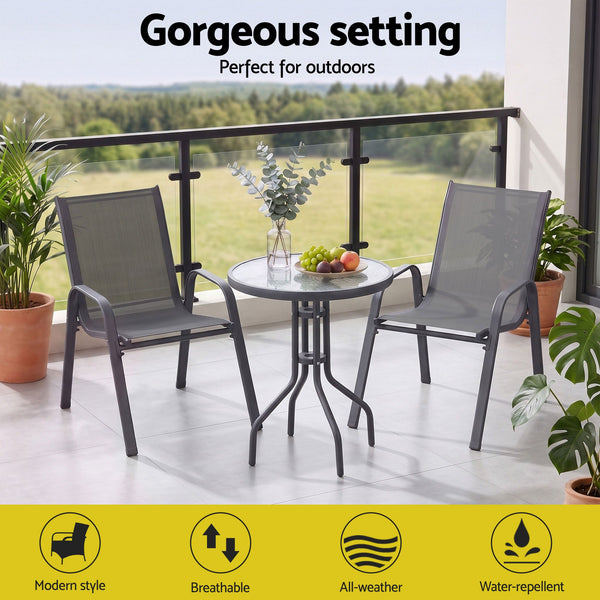 Gardeon 3PC Outdoor Bistro Set Table and Chairs Stackable Patio Furniture Grey Awezingly