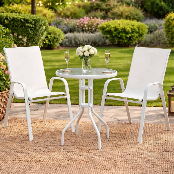 Gardeon 3PC Outdoor Bistro Set Table and Chairs Stackable Patio Furniture White Awezingly
