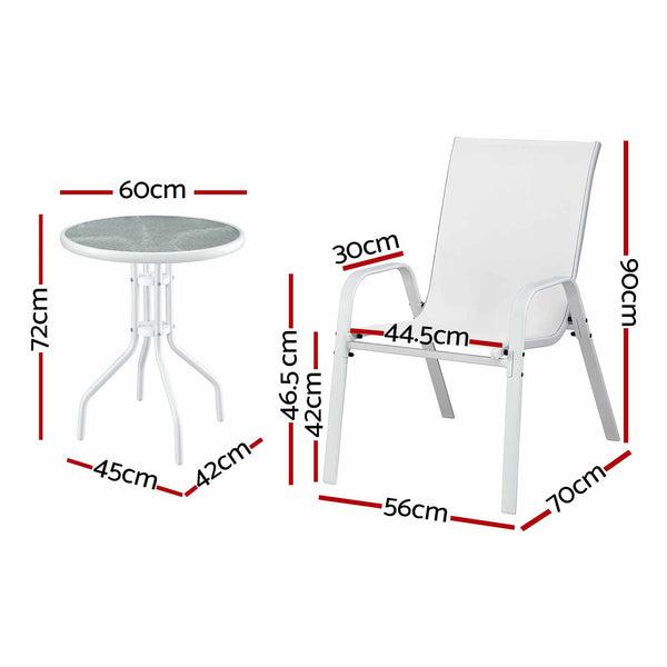 Gardeon 3PC Outdoor Bistro Set Table and Chairs Stackable Patio Furniture White Awezingly