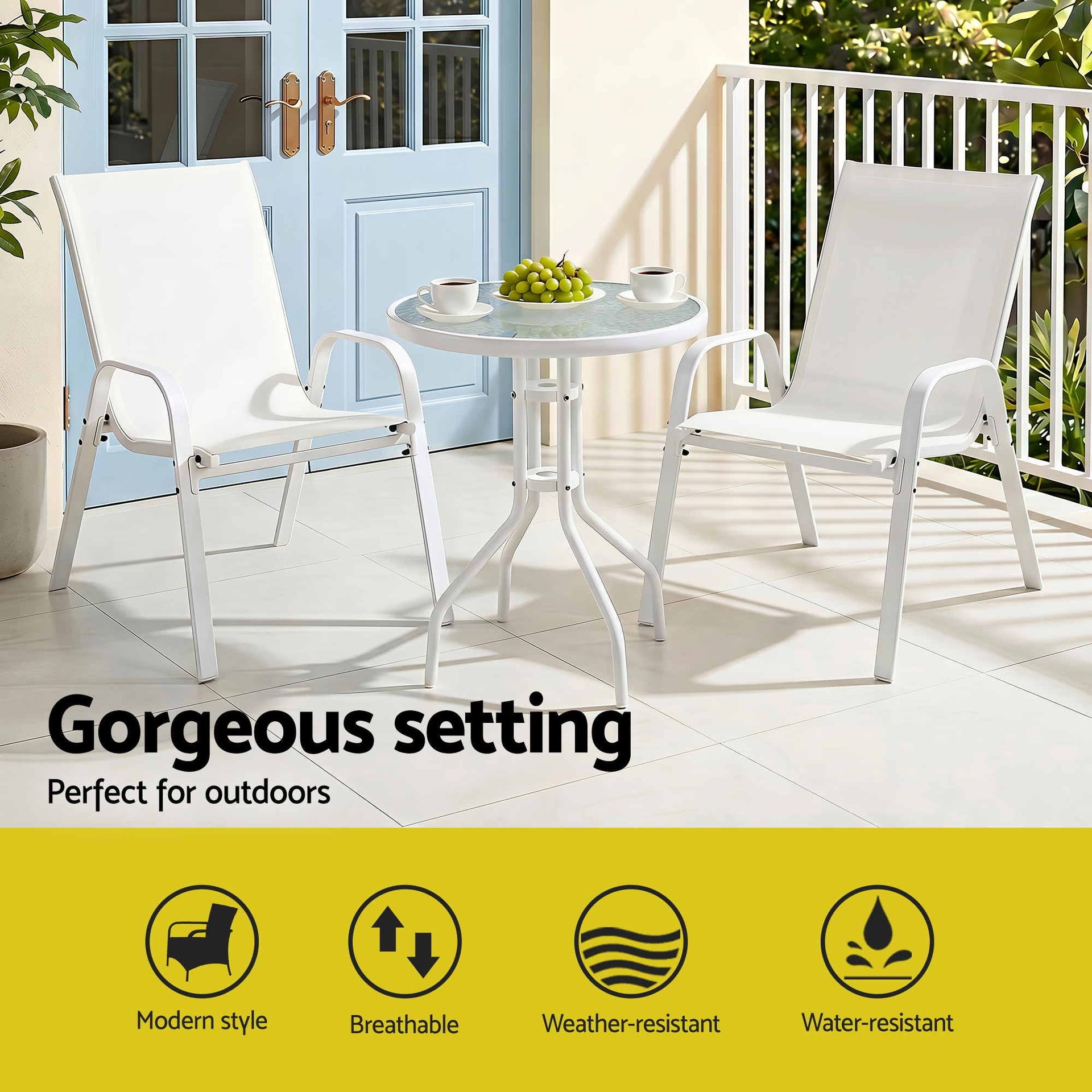 Gardeon 3PC Outdoor Bistro Set Table and Chairs Stackable Patio Furniture White Awezingly