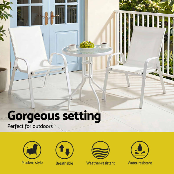 Gardeon 3PC Outdoor Bistro Set Table and Chairs Stackable Patio Furniture White Awezingly
