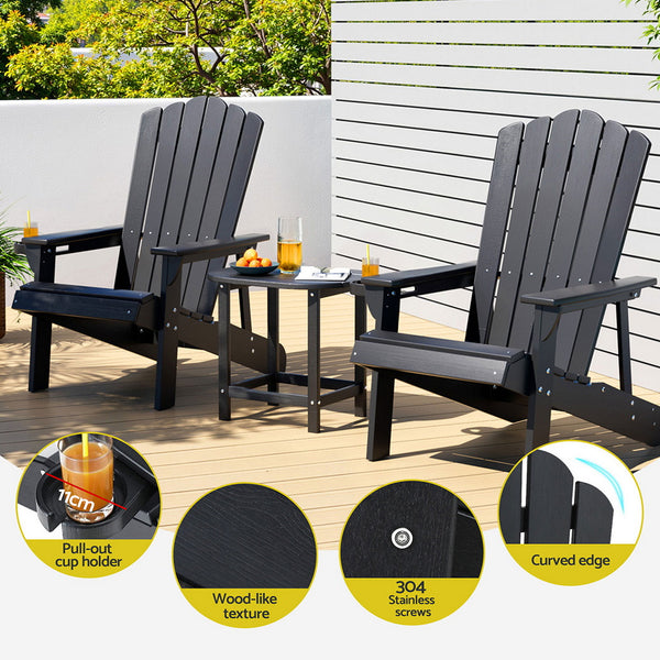Gardeon Outdoor Table and Chairs HDPE Adirondack Beach Chair Sun Lounge Patio Furniture Garden Black Gardeon