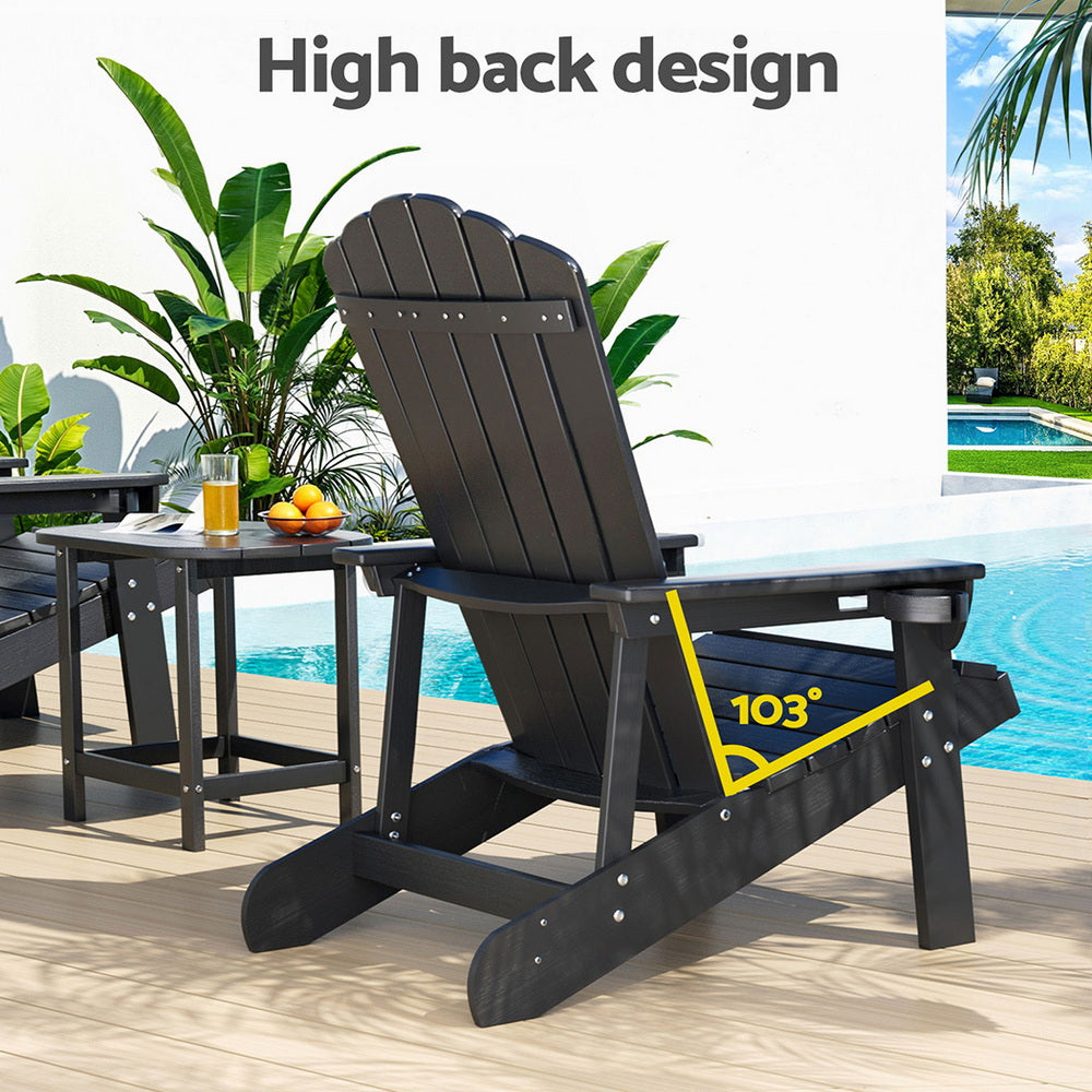 Gardeon Outdoor Table and Chairs HDPE Adirondack Beach Chair Sun Lounge Patio Furniture Garden Black Gardeon