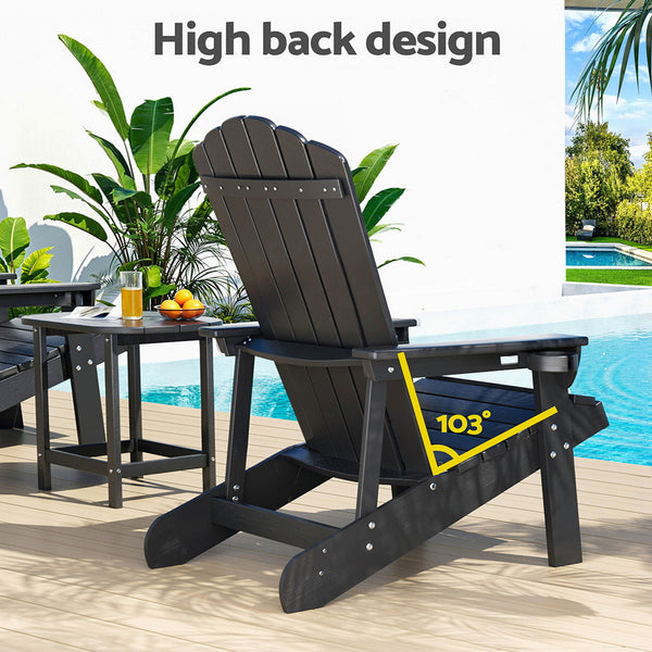 Gardeon Outdoor Table and Chairs HDPE Adirondack Beach Chair Sun Lounge Patio Furniture Garden Black Gardeon