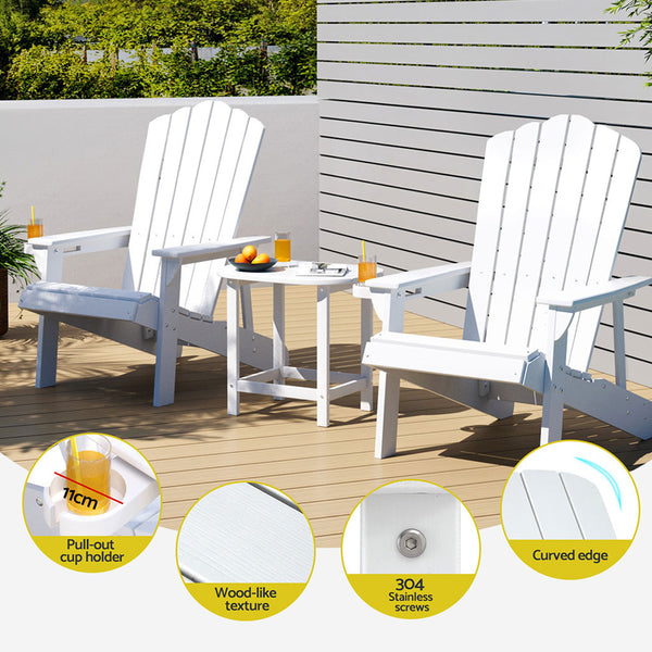 Gardeon Outdoor Table and Chairs HDPE Adirondack Beach Chair Sun Lounge Patio Furniture Garden White Gardeon