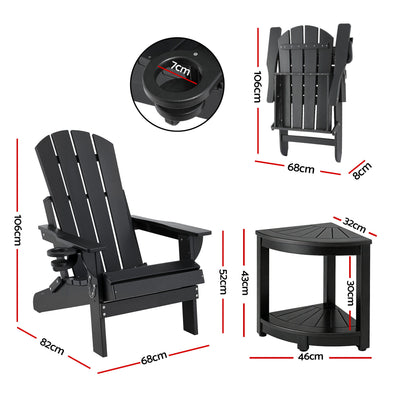 Gardeon Outdoor Table and Chairs HDPE Folding Adirondack Beach Chair Patio Furniture Black