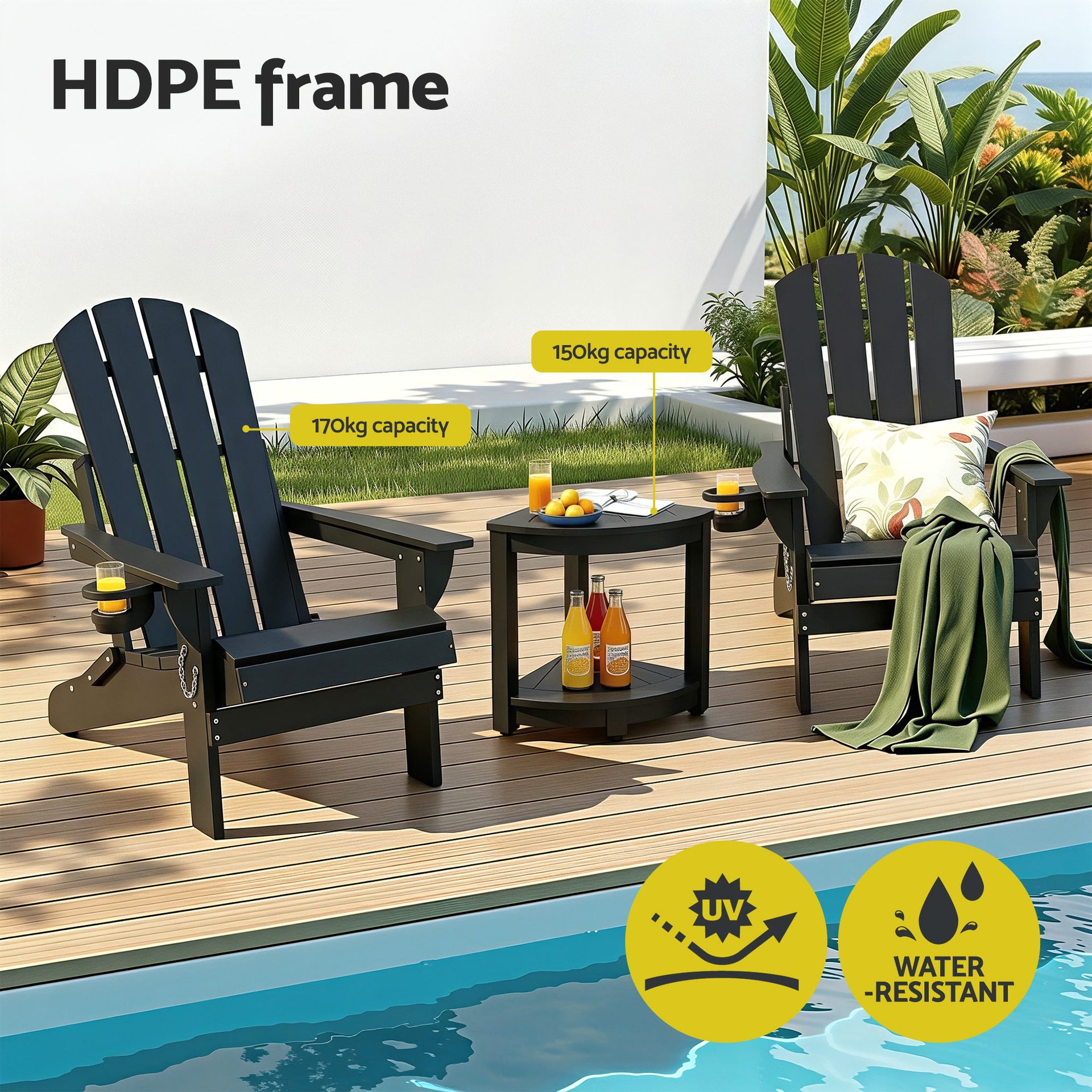 Gardeon Outdoor Table and Chairs HDPE Folding Adirondack Beach Chair Patio Furniture Black Awezingly