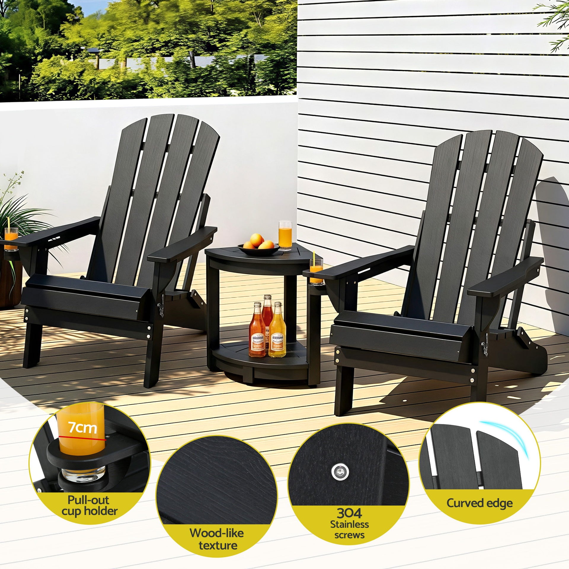Gardeon Outdoor Table and Chairs HDPE Folding Adirondack Beach Chair Patio Furniture Black Awezingly