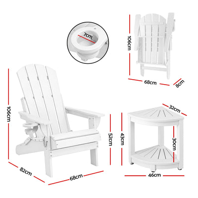 Gardeon Outdoor Table and Chairs HDPE Folding Adirondack Beach Chair Patio Furniture White