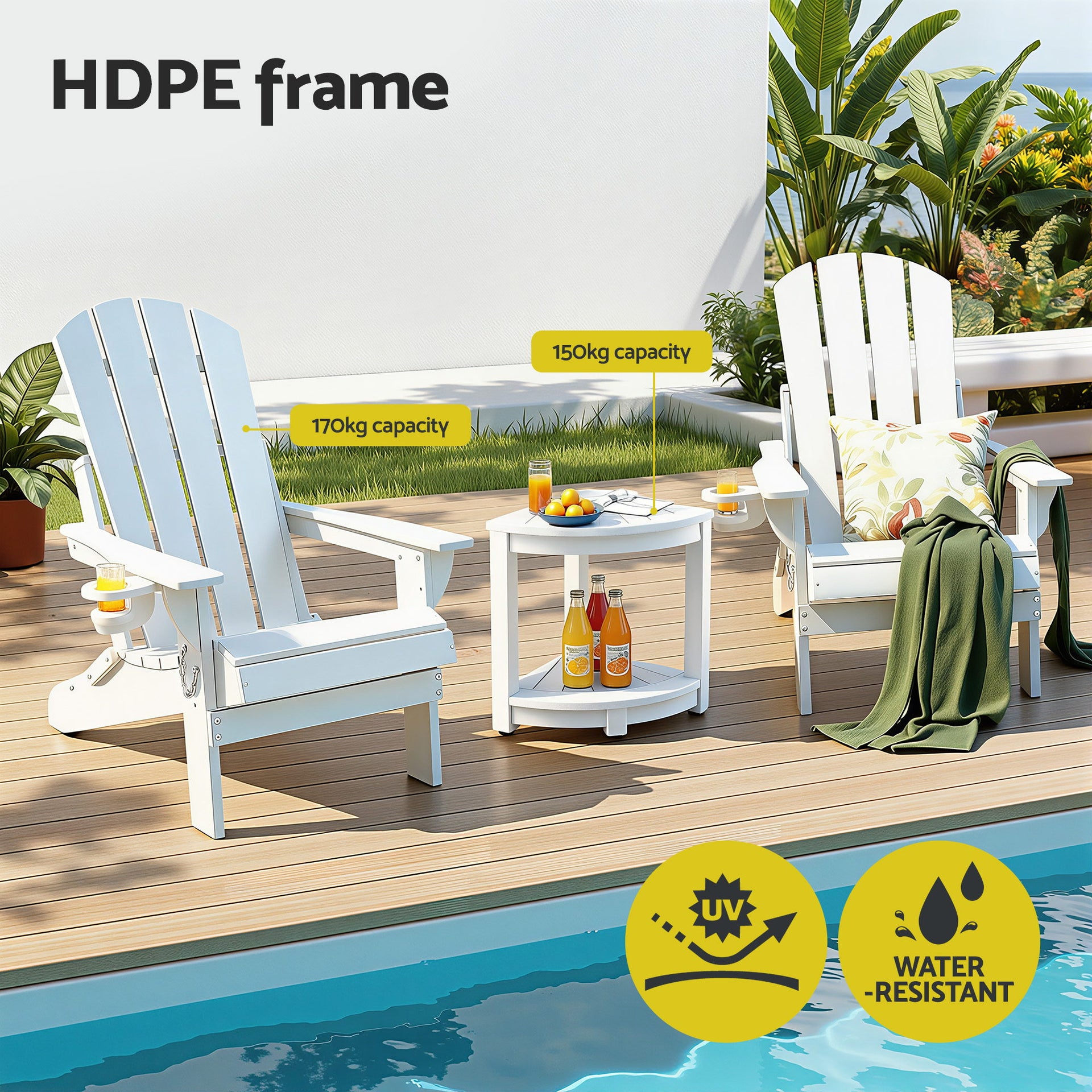 Gardeon Outdoor Table and Chairs HDPE Folding Adirondack Beach Chair Patio Furniture White Awezingly