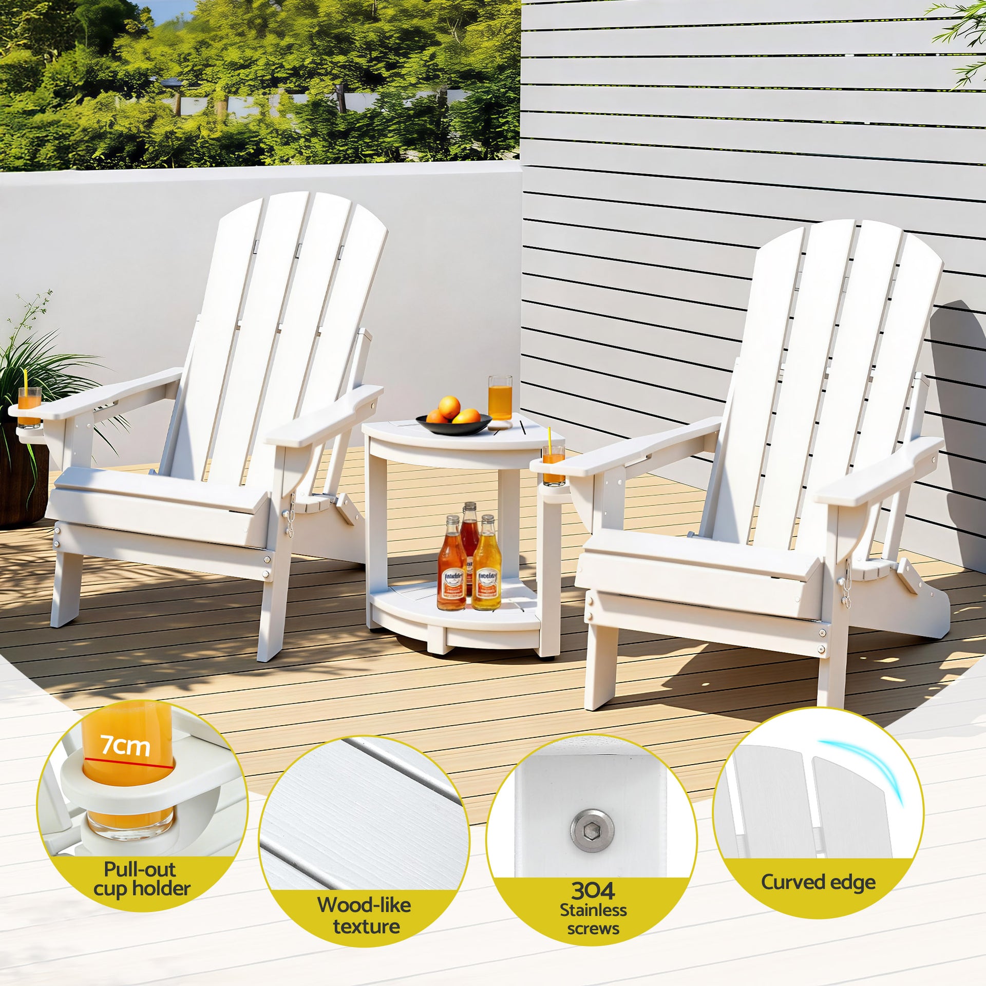 Gardeon Outdoor Table and Chairs HDPE Folding Adirondack Beach Chair Patio Furniture White Awezingly