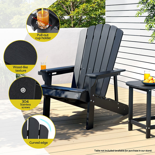 Gardeon Outdoor Chairs HDPE Adirondack Beach Chair Sun Lounge Patio Furniture Garden Black Gardeon