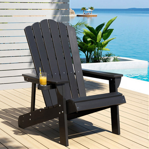 Gardeon Outdoor Chairs HDPE Adirondack Beach Chair Sun Lounge Patio Furniture Garden Black Gardeon