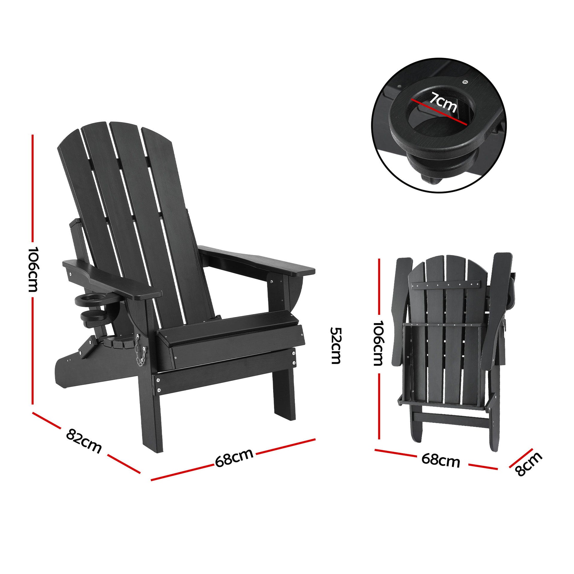 Gardeon Outdoor Chairs Folding Adirondack Beach Chair HDPE Sun Lounge Patio Furniture Garden Black Awezingly