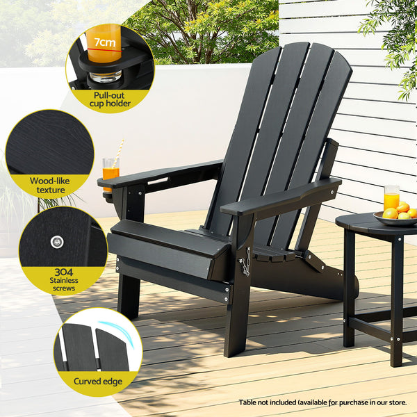 Gardeon Outdoor Chairs Folding Adirondack Beach Chair HDPE Sun Lounge Patio Furniture Garden Black Awezingly