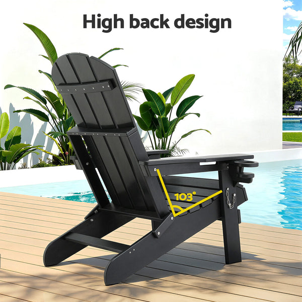 Gardeon Outdoor Chairs Folding Adirondack Beach Chair HDPE Sun Lounge Patio Furniture Garden Black Awezingly