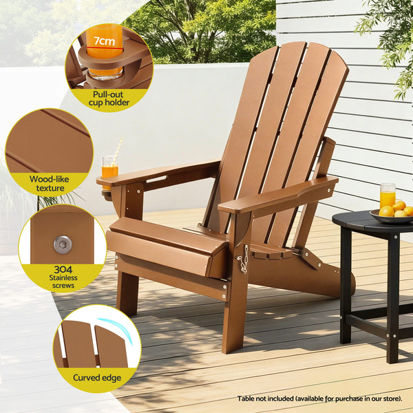 Gardeon Outdoor Chairs Folding Adirondack Beach Chair HDPE Sun Lounge Patio Furniture Garden Brown Awezingly