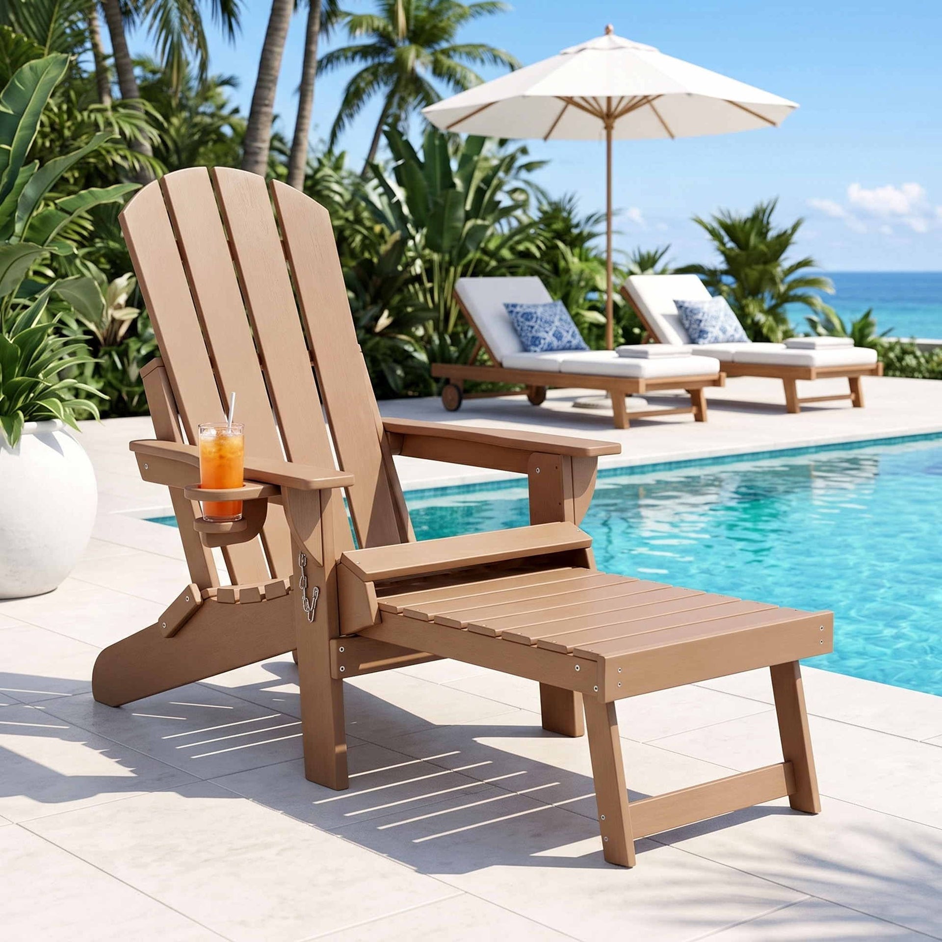 Gardeon Folding Sun Lounger Adirondack Chair Outdoor Lounge Setting HDPE Recliner Footrest Khaki Awezingly