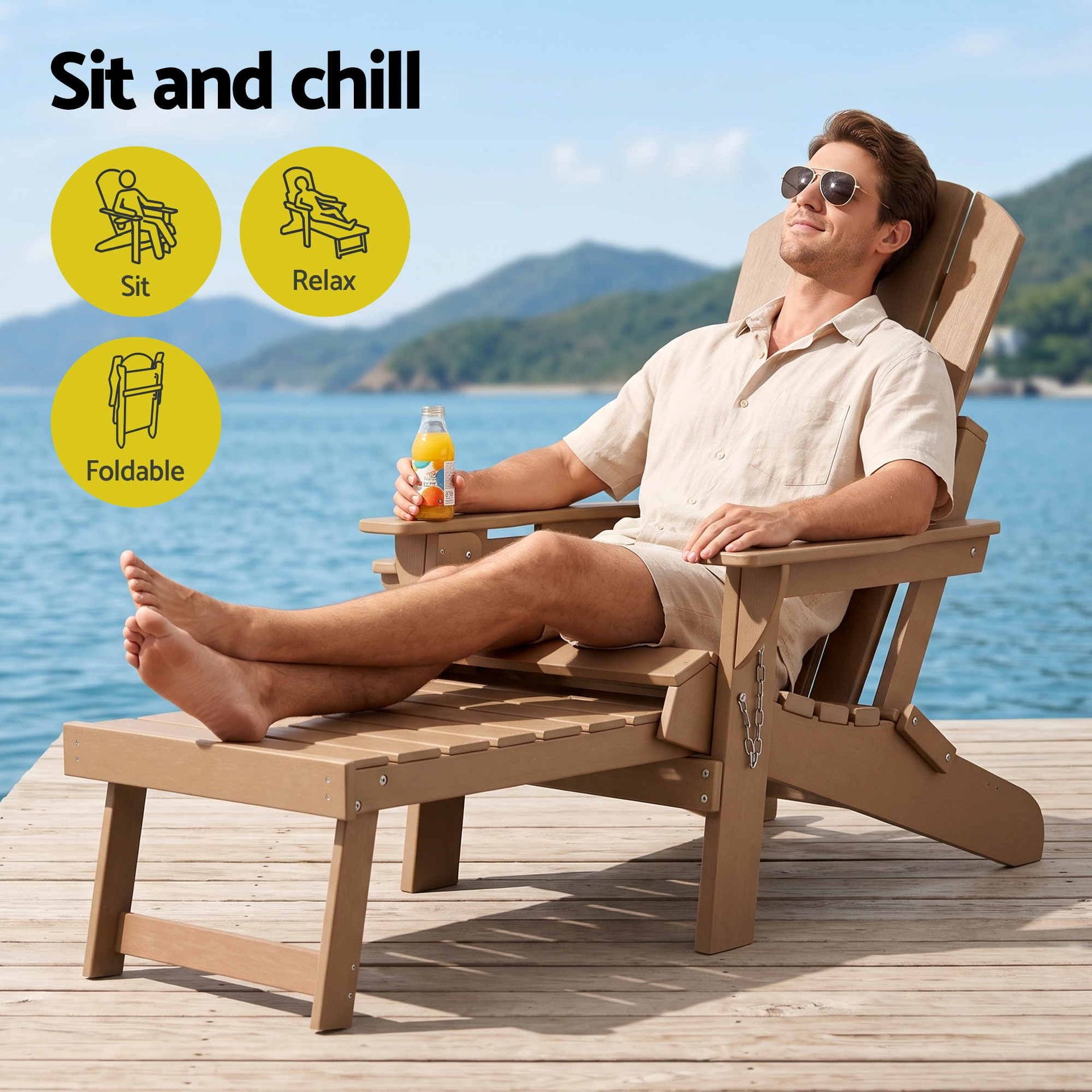 Gardeon Folding Sun Lounger Adirondack Chair Outdoor Lounge Setting HDPE Recliner Footrest Khaki Awezingly