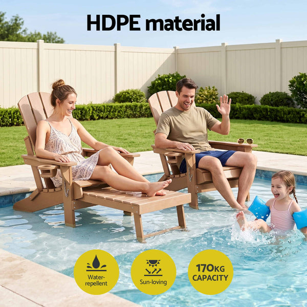 Gardeon Folding Sun Lounger Adirondack Chair Outdoor Lounge Setting HDPE Recliner Footrest Khaki Awezingly