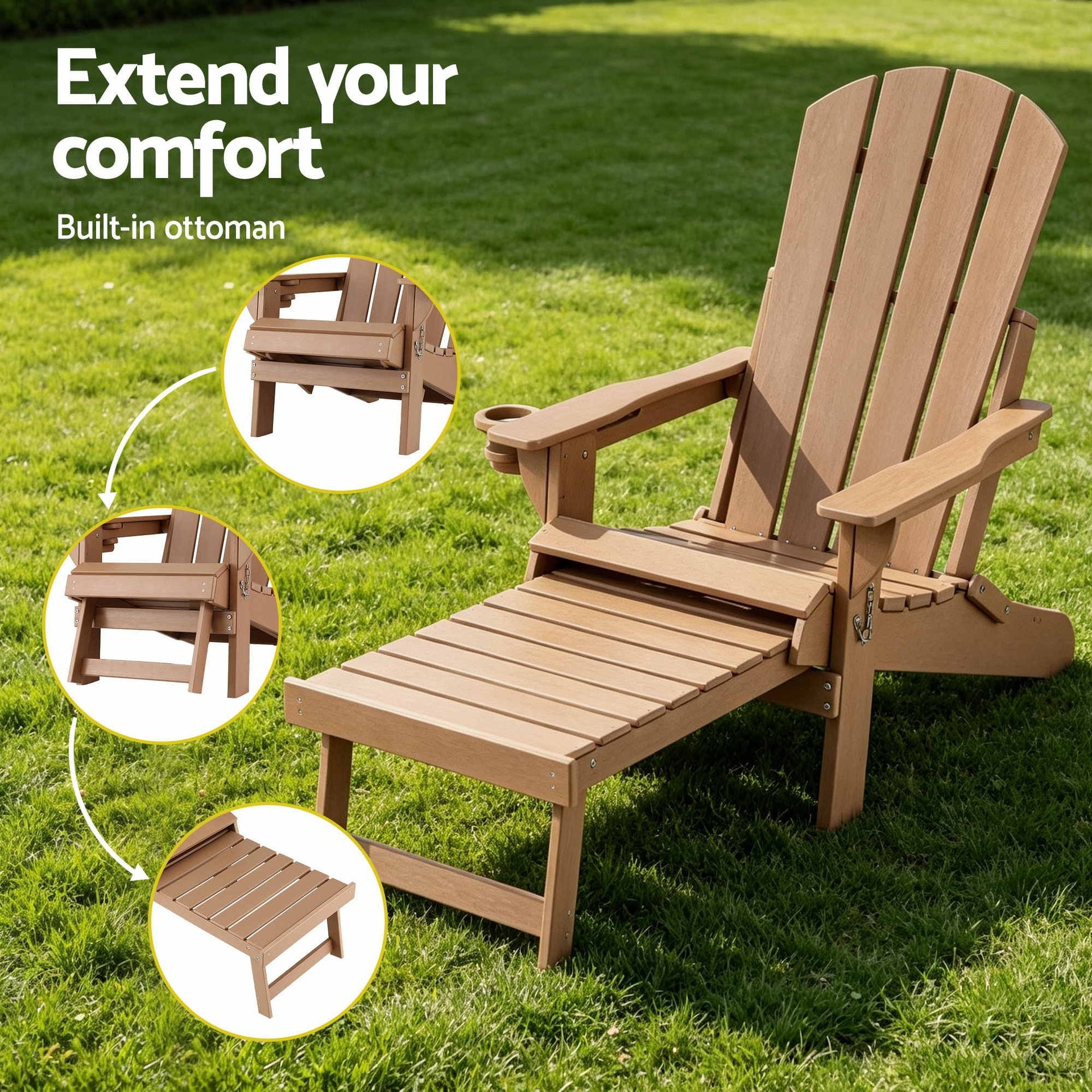 Gardeon Folding Sun Lounger Adirondack Chair Outdoor Lounge Setting HDPE Recliner Footrest Khaki Awezingly