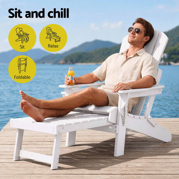 Gardeon Folding Sun Lounger Adirondack Chair Outdoor Lounge Setting HDPE Recliner Footrest White Awezingly