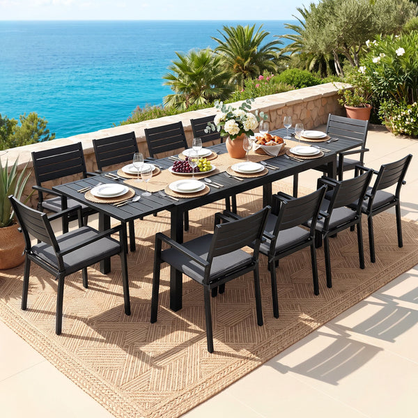 Gardeon Outdoor Dining Set 11PCS Aluminum Extendable Table and Chairs Patio Furniture Black Awezingly