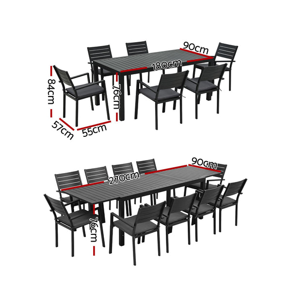 Gardeon Outdoor Dining Set 11PCS Aluminum Extendable Table and Chairs Patio Furniture Black Awezingly