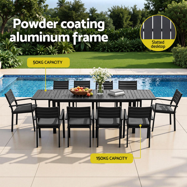 Gardeon Outdoor Dining Set 11PCS Aluminum Extendable Table and Chairs Patio Furniture Black Awezingly