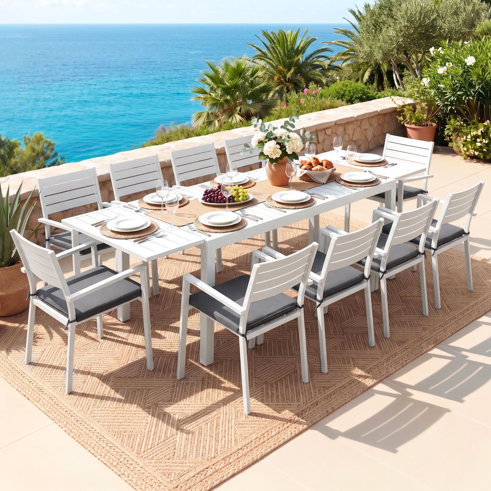 Gardeon Outdoor Dining Set 11PCS Aluminum Extendable Table and Chairs Patio Furniture White Awezingly