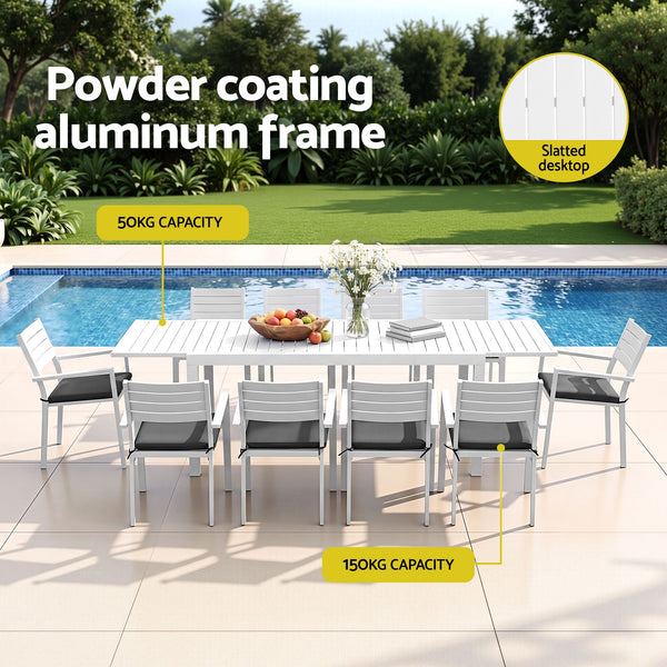 Gardeon Outdoor Dining Set 11PCS Aluminum Extendable Table and Chairs Patio Furniture White Awezingly