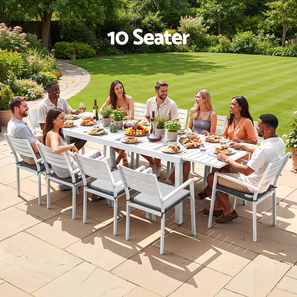 Gardeon Outdoor Dining Set 11PCS Aluminum Extendable Table and Chairs Patio Furniture White Awezingly