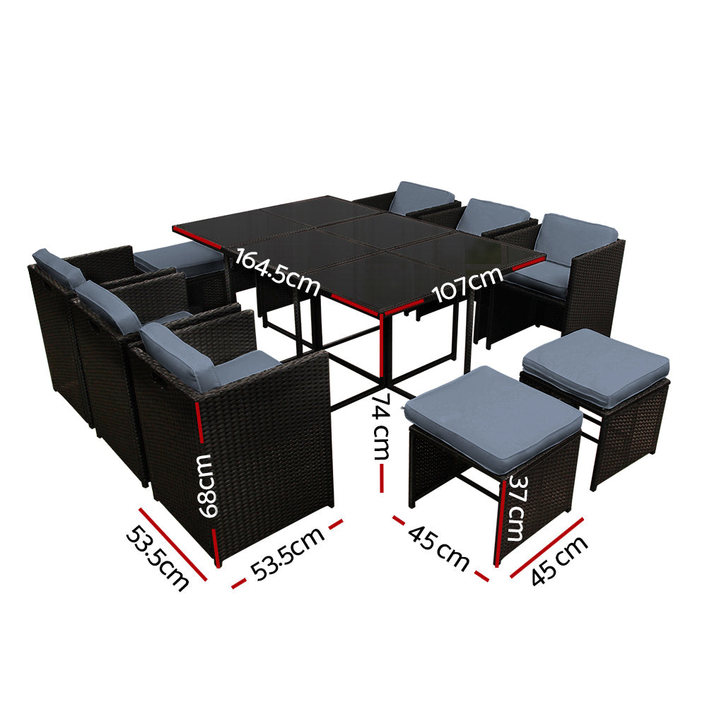 Gardeon 11 Piece PE Wicker Outdoor Dining Set - Black Gardeon