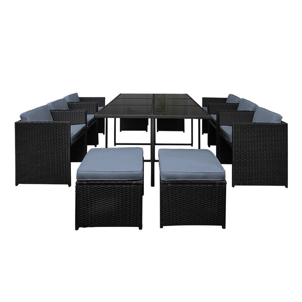 Gardeon 11 Piece PE Wicker Outdoor Dining Set - Black Gardeon