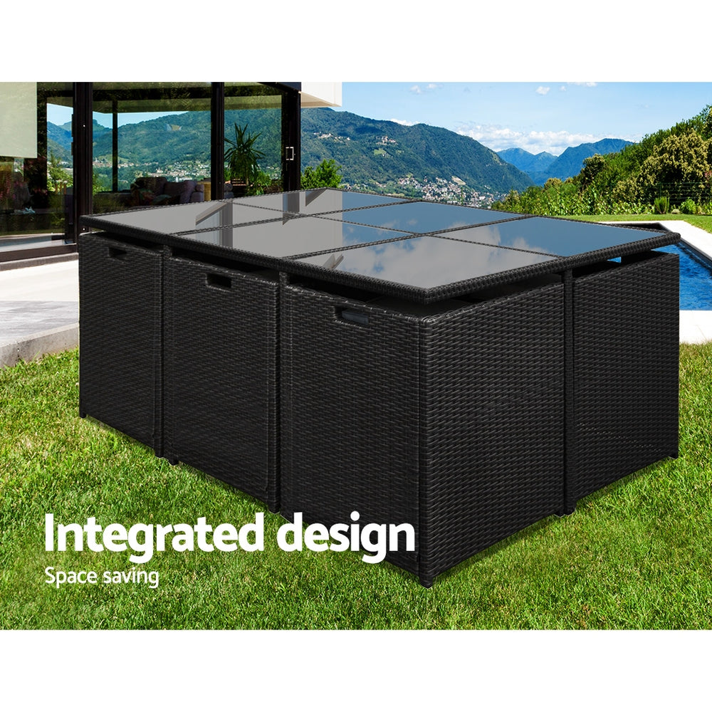 Gardeon 11 Piece PE Wicker Outdoor Dining Set - Black Gardeon