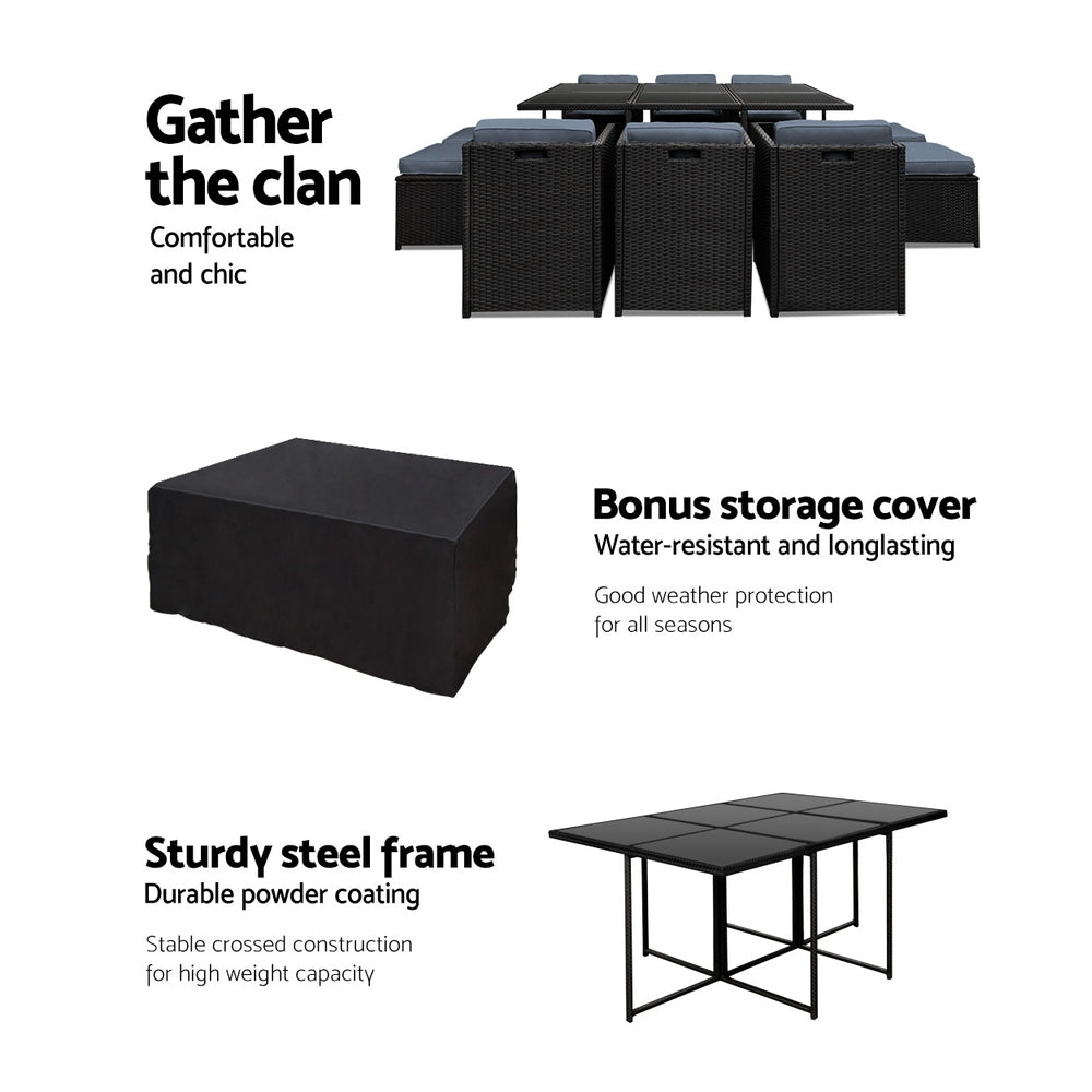 Gardeon 11 Piece PE Wicker Outdoor Dining Set - Black Gardeon