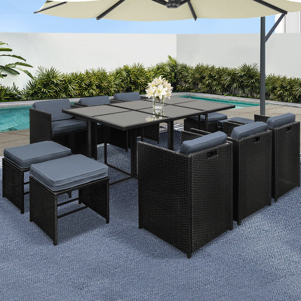 Gardeon 11 Piece PE Wicker Outdoor Dining Set - Black Gardeon