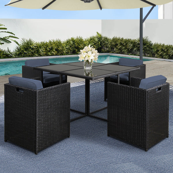 Gardeon 5 Piece Wicker Outdoor Dining Set - Black Gardeon