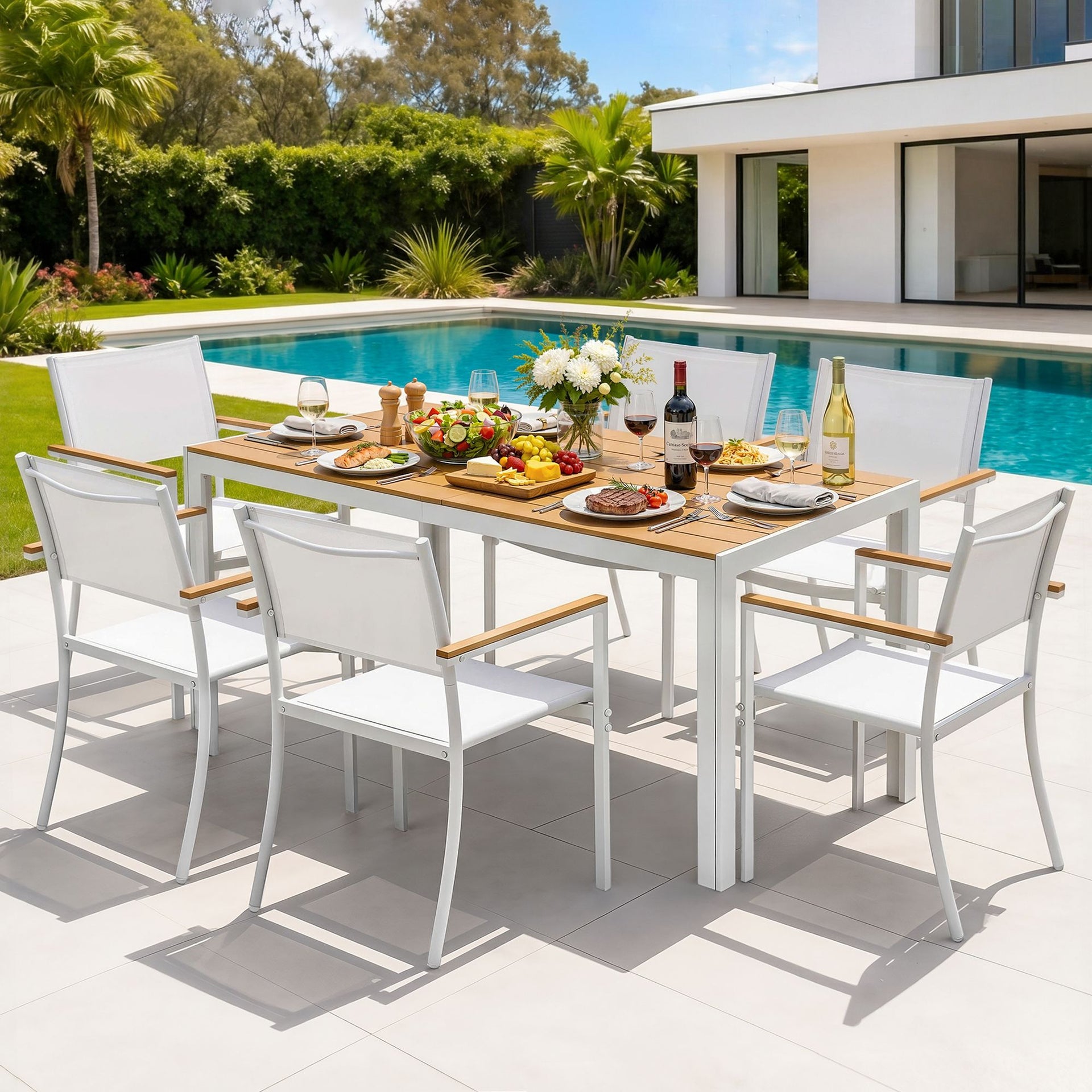 Gardeon 7PCS Outdoor Dining Set Table and Chairs Patio Garden Furniture Bistro Set White Awezingly
