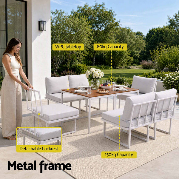 Gardeon 6 Seater Outdoor Dining Sofa Set Steel Frame Cushions White Awezingly