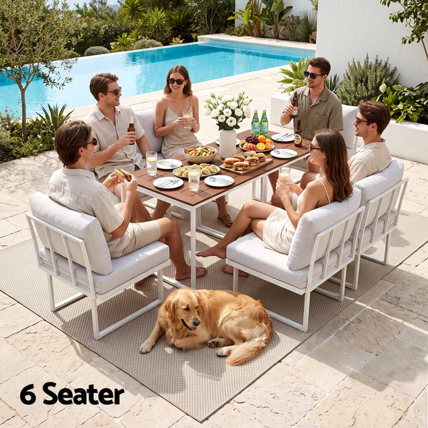 Gardeon 6 Seater Outdoor Dining Sofa Set Steel Frame Cushions White Awezingly