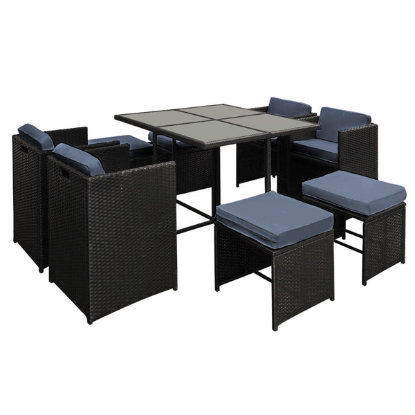 Gardeon 9 Piece Wicker Outdoor Dining Set - Black & Grey Gardeon