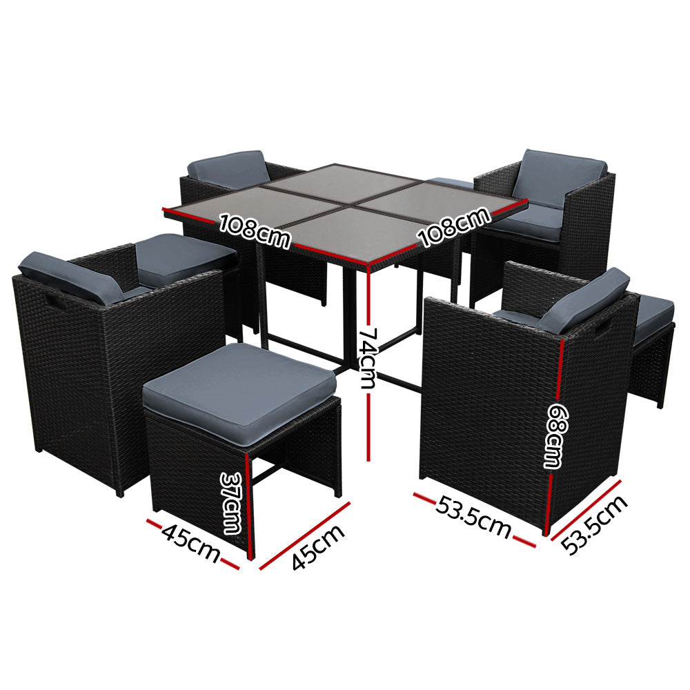 Gardeon 9 Piece Wicker Outdoor Dining Set - Black & Grey Gardeon