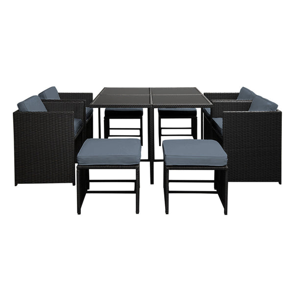 Gardeon 9 Piece Wicker Outdoor Dining Set - Black & Grey Gardeon